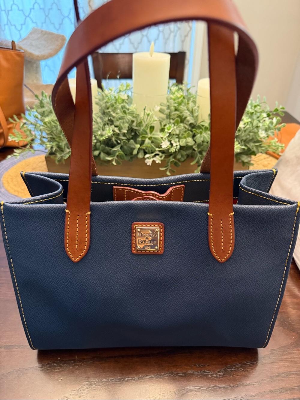 Dooney & Bourke Navy satchel tote bag with Brown Leather Trim - Picture 3 of 16